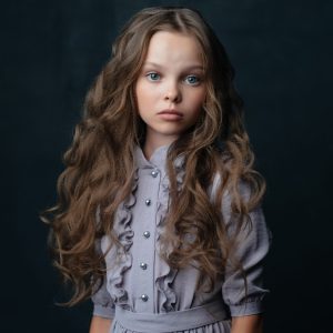 Beautiful little girl in luxury dress hairstyle Studio